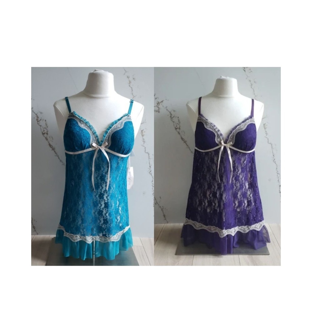Linea Donatella Lace Babydoll Chemise Set 2 Womens M Eggplant and Teal